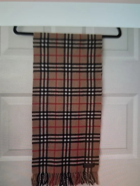 Burberry Beige Plaid Scarf with Black, White and Red Accents