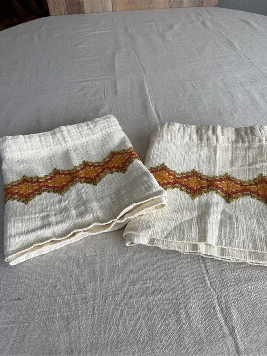 1970’s Boho MCM Cafe Curtain Valances in Cream & Embroidered Oranges and Green