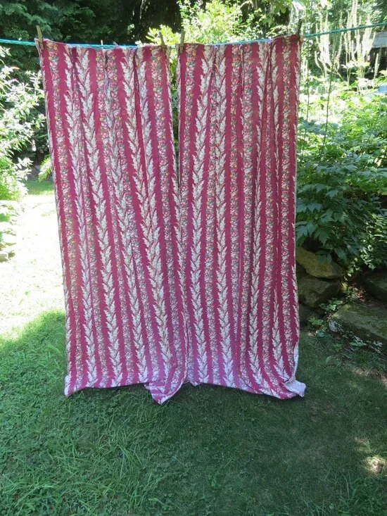 VINTAGE (4) PANEL CURTAINS Roses Fern STRIPES Vat Print Fabric Midcentury 87
