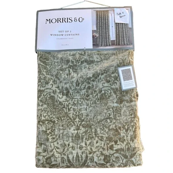 William Morris Window Curtains Panels 38X96 Strawberry Thief Green Embossed 2 PC