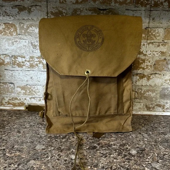 Boy Scouts of America Haversack Backpack Unisex OS Khaki Good Vintage Canvas 573