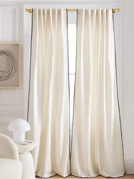 Quince Piped Edge Cotton Cream and Black Curtain Panels 48