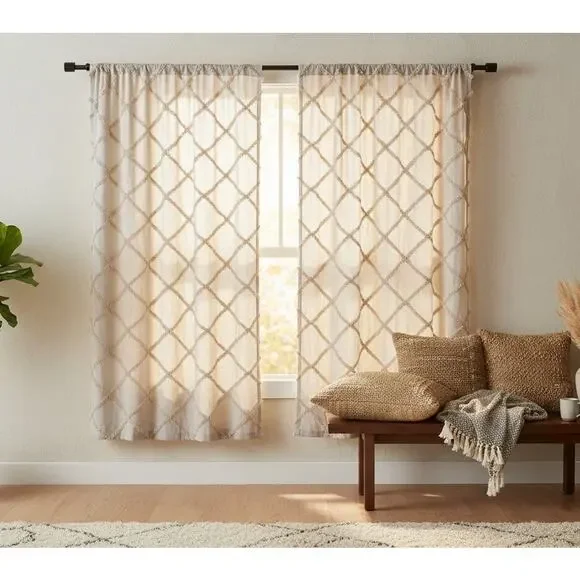 VHC Brands April & Olive Boho TRELLIS FRAYED LATTICE Curtain Panels Pair 37x62