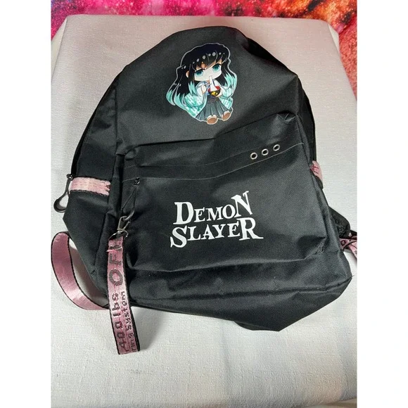 Demon Slayer Anime Backpack Black Pink Muichiro Tokito Laptop Bag Streetwear