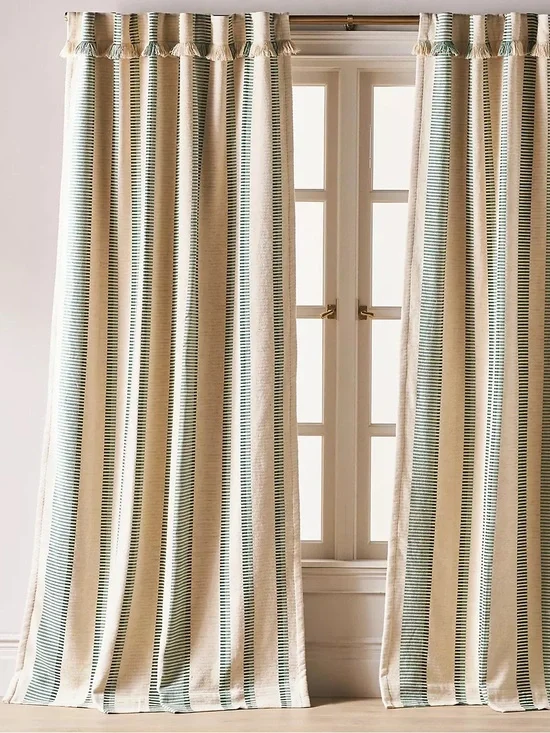 Anthropologie Pieced Stripe Cotton Blend Woven Blackout Curtain dark green