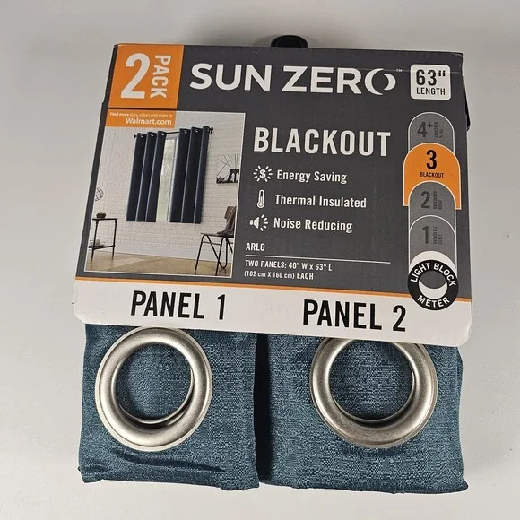 Sun Zero Arlo Blackout Curtain Panels‎ Teal 40x63 2 Pack Thermal Insulated