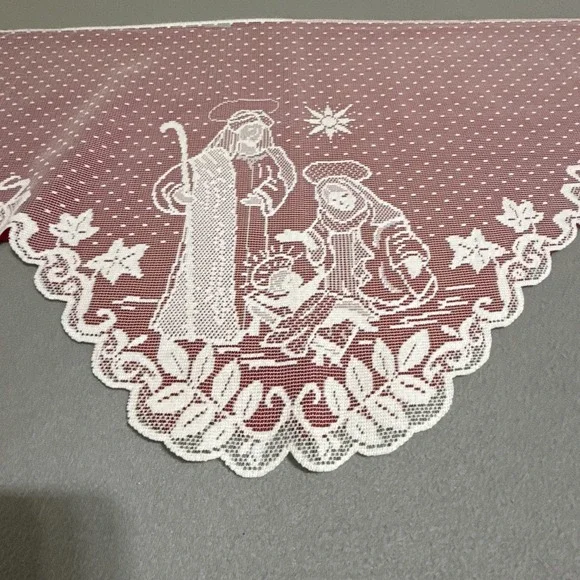 Vtg Christmas Silent Night Nativity Scene Lace Valance Felt Back Topper Handmade