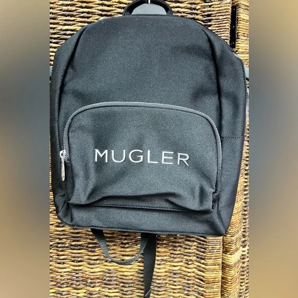 Mugler - Black Backpack- New, plastic over‎ two zippers, Apprx: 11”x13”