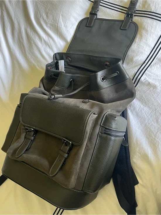 Coach Men's Olive Green Leather & Suede Drawstring Backpack