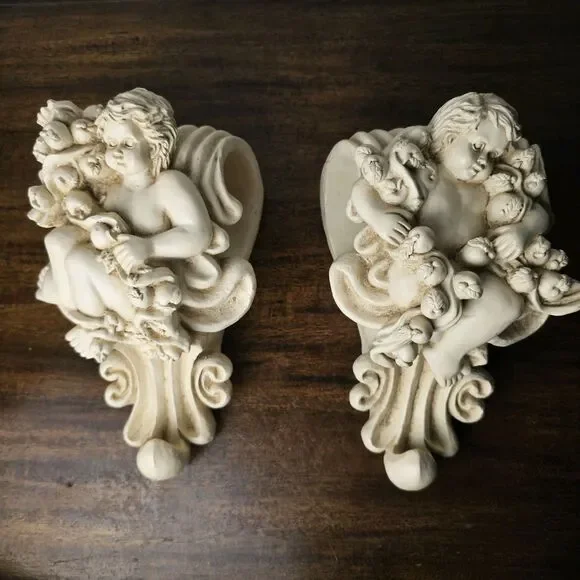 Vintage Wang's International Cherub Wall Sconces Drapery Curtain Rod Holder Pair