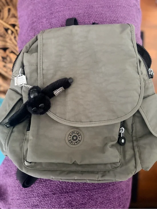 Kipling Olive Nylon Small Backpack with Monkey Charm