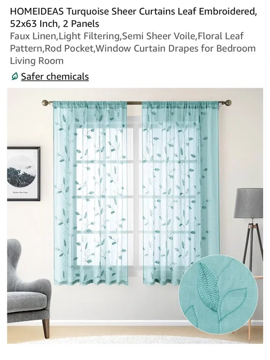 Turquoise Sheer Leaf Embroidered Curtain Panels - 3 Pack