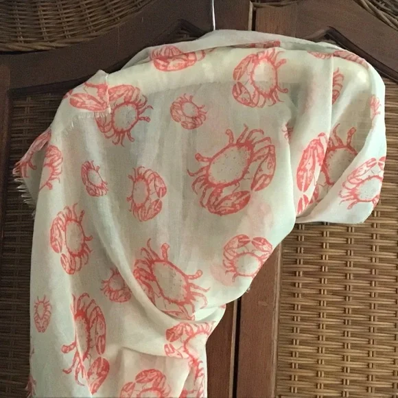 Lightweight Cream Scarf with Coral Crab Print