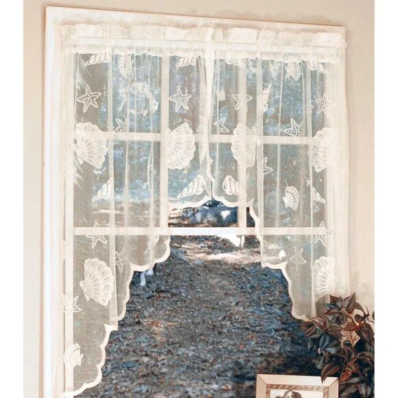 Curtain Chic Seashells Lace Swag 56X 38” White Scalloped Edged Machine Wash