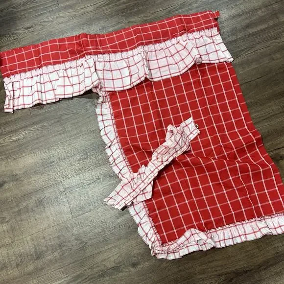 Set 2 Sears Perma Red White Plaid Fashion Curtain w/ SWAG Panels 38