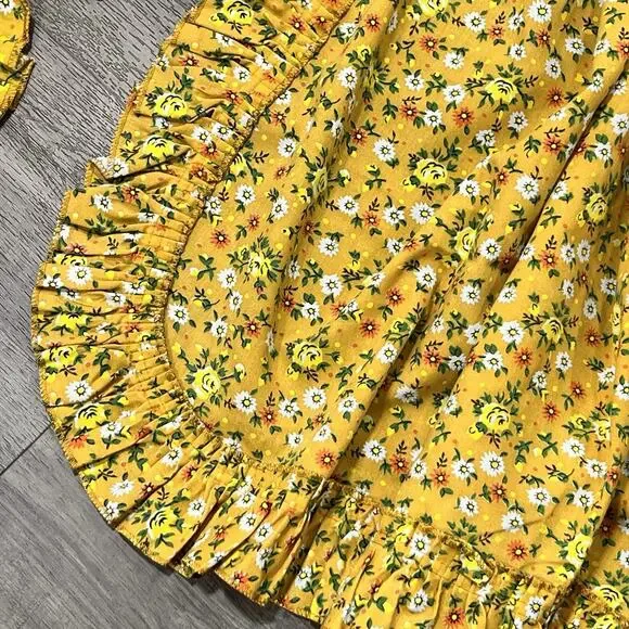 Pair Vtg Calico Floral Cafe Curtain Panels Ruffled Curtains Orange Yellow 36