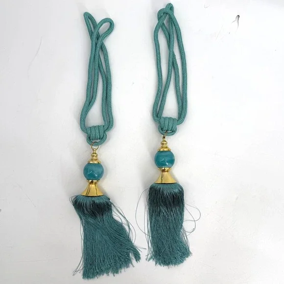 Hollywood Regency Curtain Tassel Tiebacks Teal Gold Bead Set of 2 Victorian