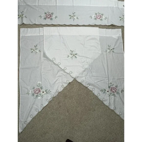 3pc Set VTG Window Valance Swag Panels Ivory Embroidered‎ Floral Eyelet