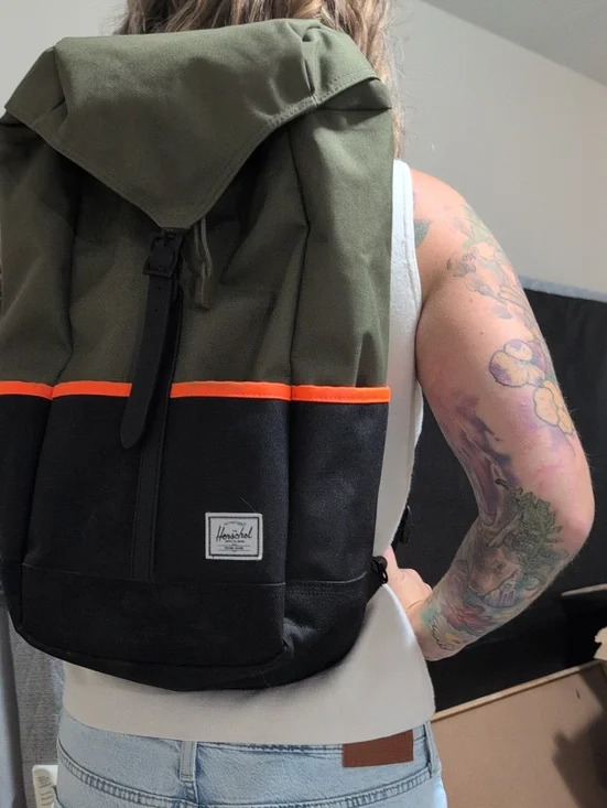 Herschel Supply Company Olive and Black Backpack with Orange Stripe