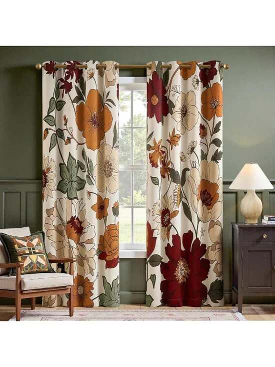 Beige Boho Floral Blackout Curtains - 84 Inch Grommet 2 Panels for Privacy