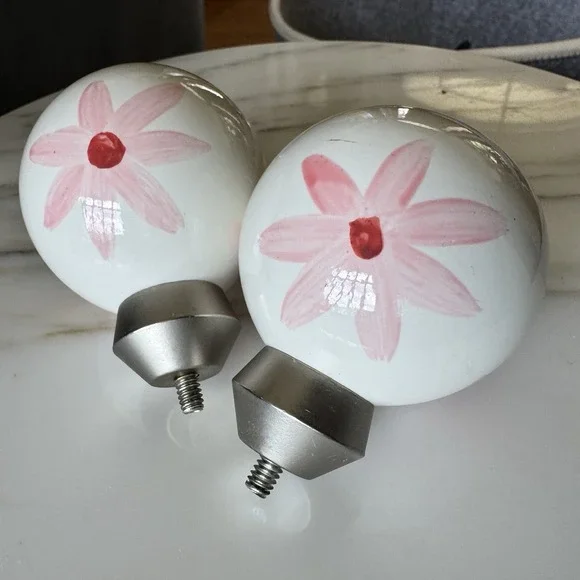 Pottery Barn Curtain Finials: White with Pink Floral Brushed Nickle Threading