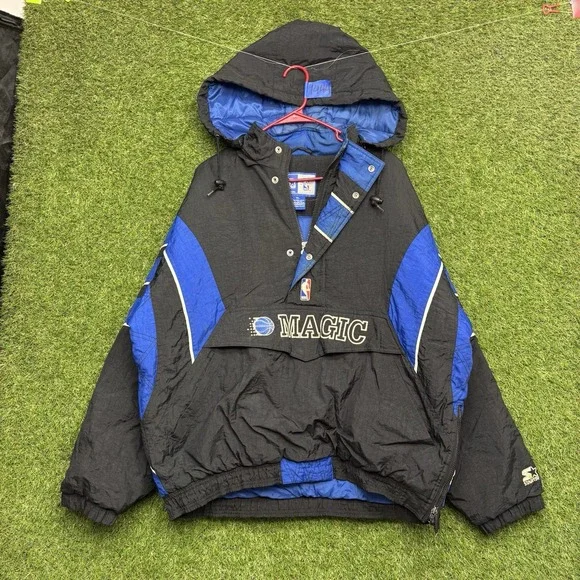 VintagOrlando Magic Starter Jacket Mens XL Quarter Zip Black Pullover Puffer 90s