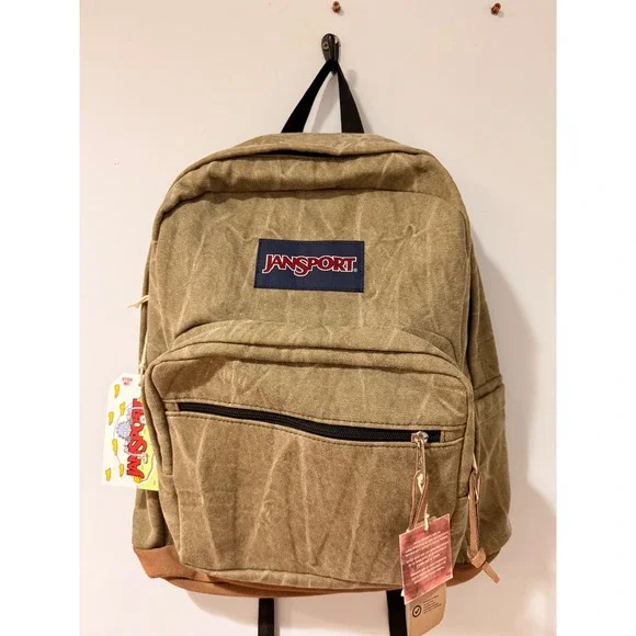 JanSport Right Pack Waxed Canvas Backpack Olive Green Suede Bottom 15 Laptop Bag