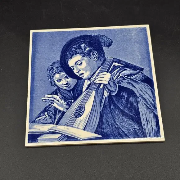 Vintage B. Delft Handmade Holland Tile Frans Hals Singing Lads Blue White Art