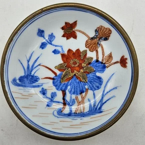 Vintage Japanese Porcelain Collector Plate Brass Trim Floral T.F.F. Hong Kong