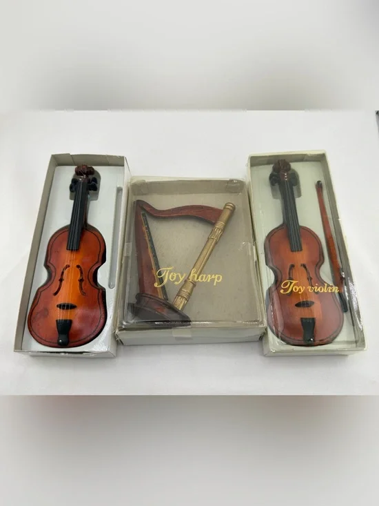 Dollhouse Miniature Instruments Lot – Vintage Joy Violin and Harp - 3 total