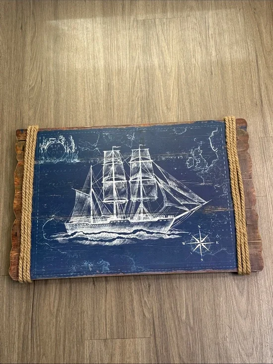 Wooden Nautical Blue Ship Wall Art Plaque with Rope Accent 24”  x 16”