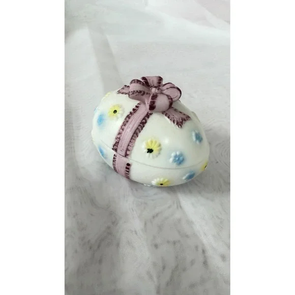 Vintage Lefton Japan Porcelain Egg Trinket Box Pink Ribbon Floral 4473 Matte
