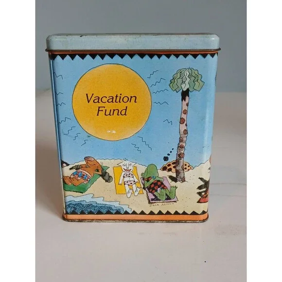 Vintage Tin Metal Coin Bank Vacation Fund Bandaid Box Shape