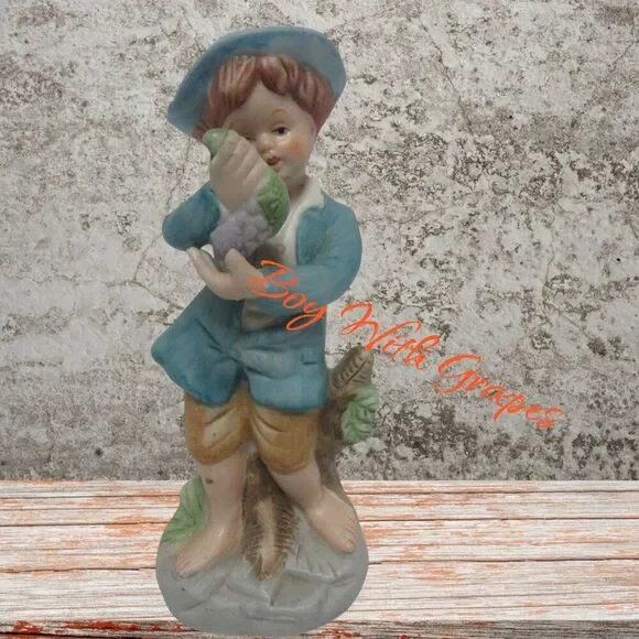 Vintage Barefoot Boy Holding Grapes Figurine Blue Hat Blue Coat 6 1/2 inches
