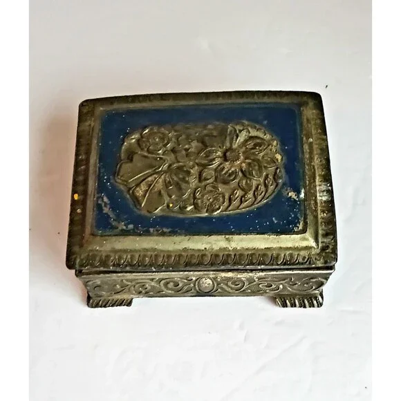 Silver Toned Footed Trinket Box Occupied Japan Blue Top Embossed Rose Vintage