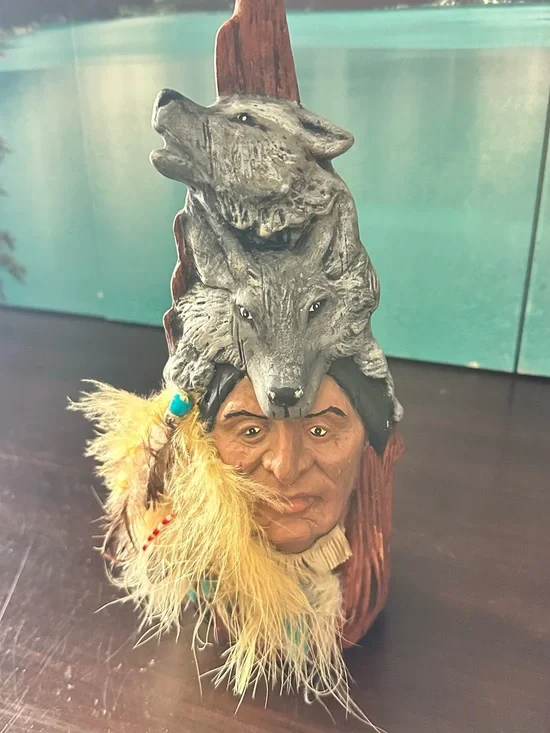 Handcrafted Native Spirit Wolf and Chief Home Accent - Gray and Brown