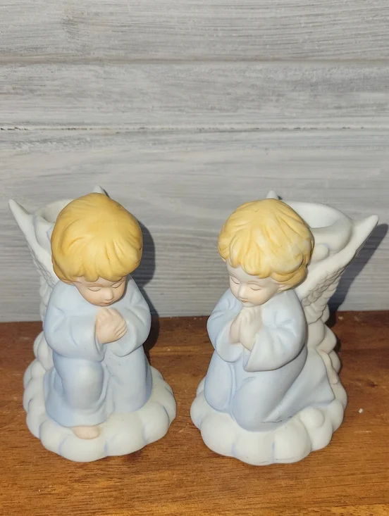 Porcelain Praying Angel Figurines Pair in Light Blue Candle Holders