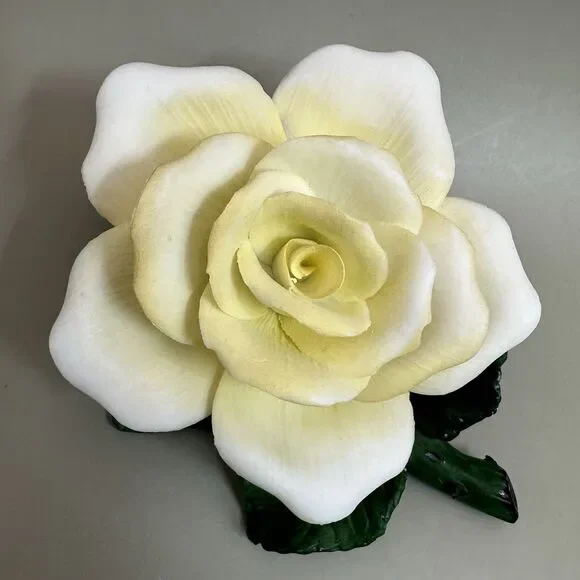 Vintage Porcelain White Rose Figurine Ceramic Flower Sculpture Capodimonte Style