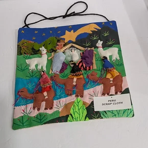 Vintage 3D Folk Art Peruvian Arpillera Wall Hanging Nativity Scene Christmas