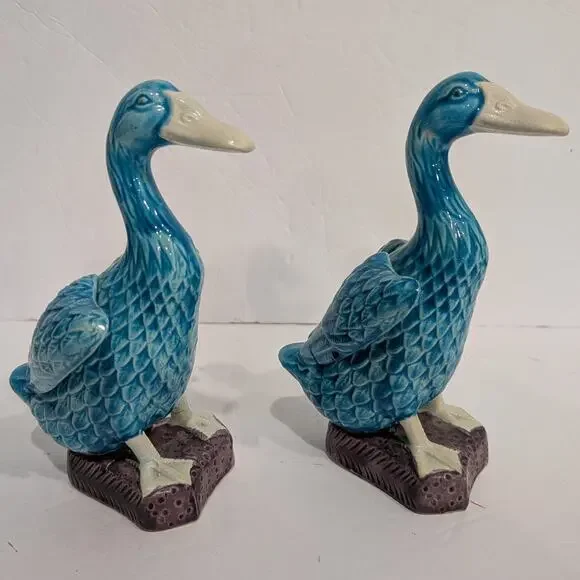 Vintage Turquoise Blue Glazed Ceramic Duck Figurines Pair Japan Chinoiserie