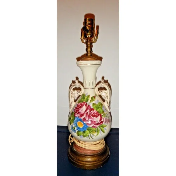 Vintage Porcelain Urn Table Lamp Roses Gold Scroll Handles Floral Hand Decorated