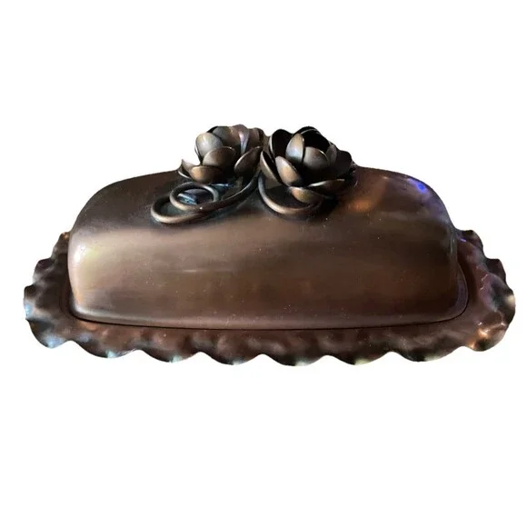 Gregorian Copper Butter Dish Hand Wrought Roses & Ruffles USA Glass Insert