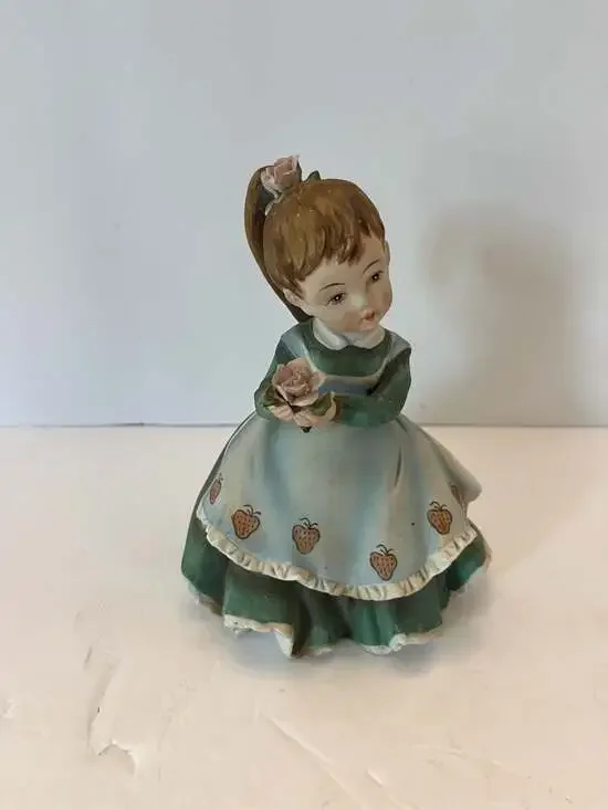 Vintage Lefton China Girl Figurine Holding Rose with Strawberries Dress KW340A