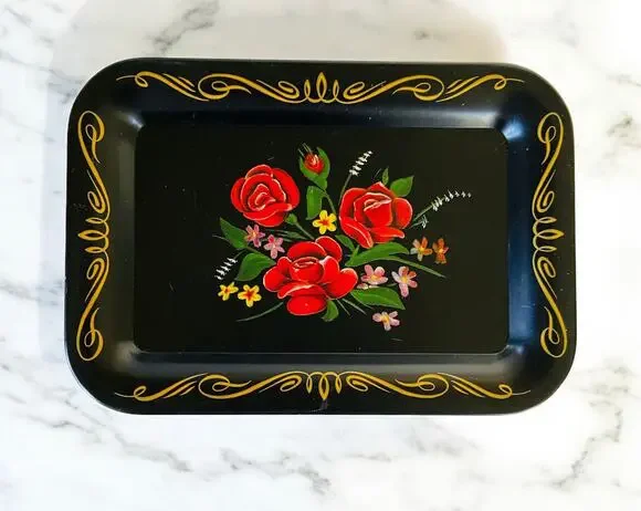 Vintage Black & Gold Metal Red Rose Flower Floral Decorative Tray Catchall