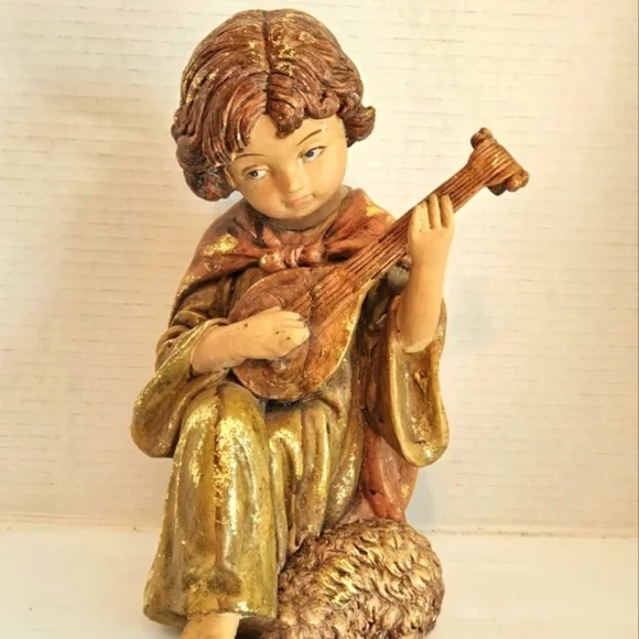 Vintage Gilded Shepard Boy and Sheep Resin Figurine