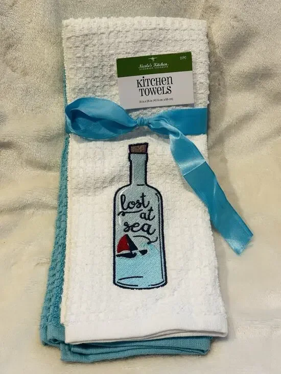 Nicole’s Kitchen Towels Waffle Texture Embroidered Lost At Sea Bottle White Blue