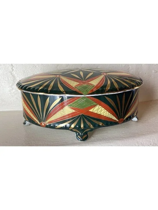 Antique Baensch Lettin Art Deco Hand Painted Porcelain Trinket Box With Lid