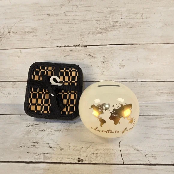 Adventure‎ Fund Globe Ceramic Piggy Bank & Destination Summer Bamboo Coaster Set
