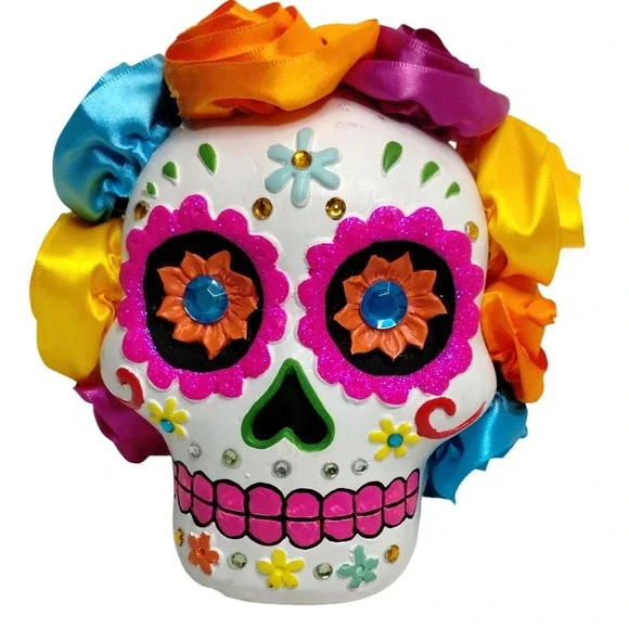 Día de los Muertos Sugar Skull Figurine w/ Satin Flowers‎ & Rhinestones Decor