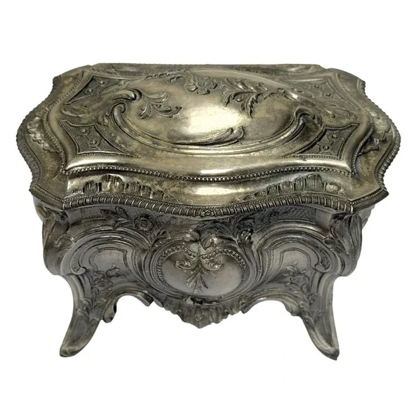 Vintage Pewter Intricate Floral Jewelry Casket Box Ornate Victorian Design Japan